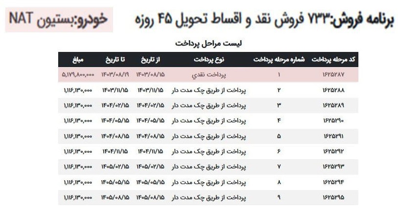 فروش فوری نقدو اقساط تحویل 45 روزه خودروبیستون NATیران خودرو