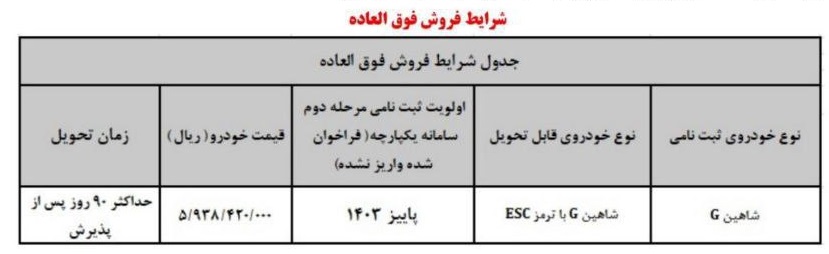 شرایط فروش خودرو شاهین جی ویژه آذر ماه ۱۴۰۳